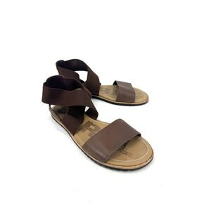 Sorel Ella Sandal Brown Leather Elastic Ankle Strap Flat Sandals NL2896 Womens 7